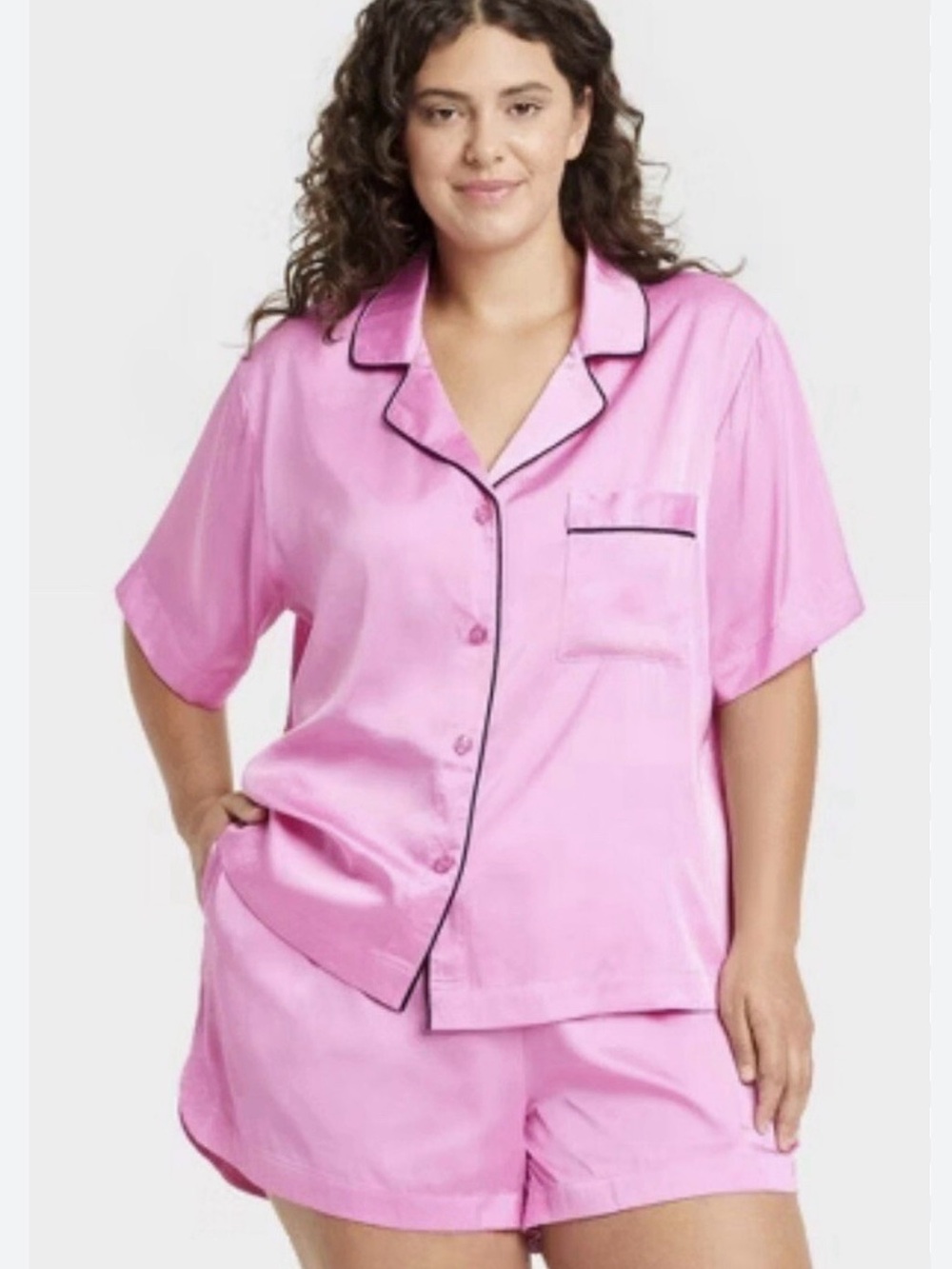 Auden Pink Satin Short Pajama Set with Black Piping
